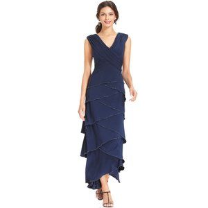 PATRA Navy Jersey Sleeveless Tiered Beaded Gown 8P